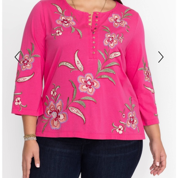 Johnny Was JWLA Libbi 3/4 Sleeve Flamingo Pink Embroidered Cotton Henley Top 1X - Picture 8 of 16